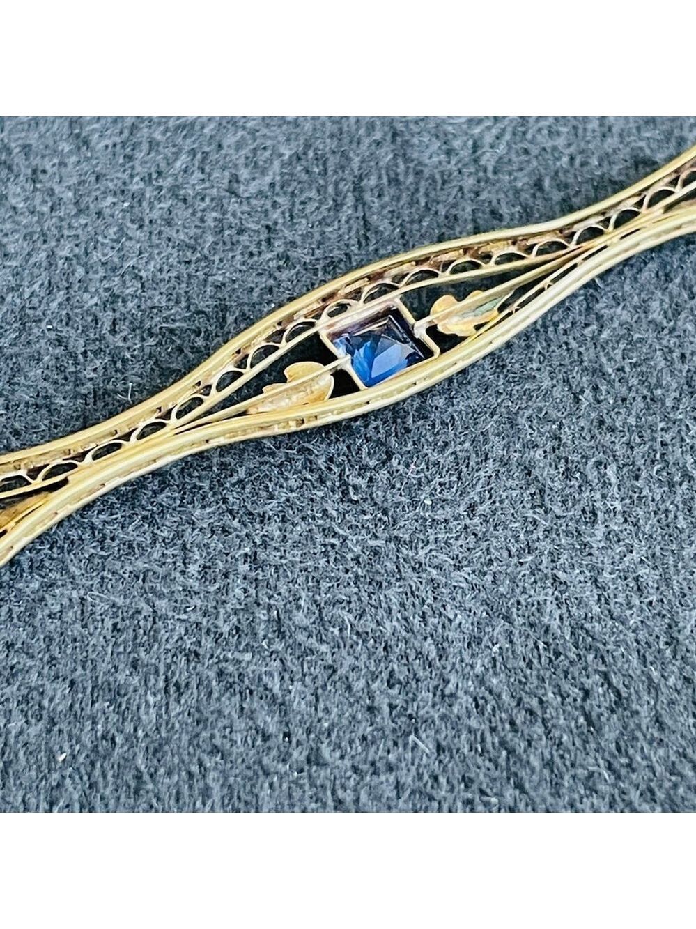 Edwardian 14k Signed Solid Gold & Lab Sapphire Vintage Filigree Floral Brooch - Picture 7 of 8